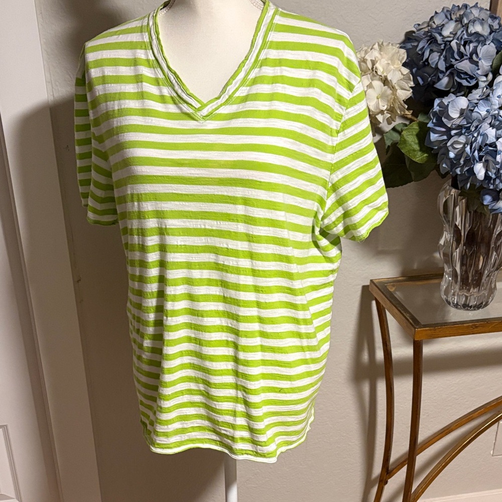 Inc International short sleeve, V-neck, lime green and white striped T-shirt